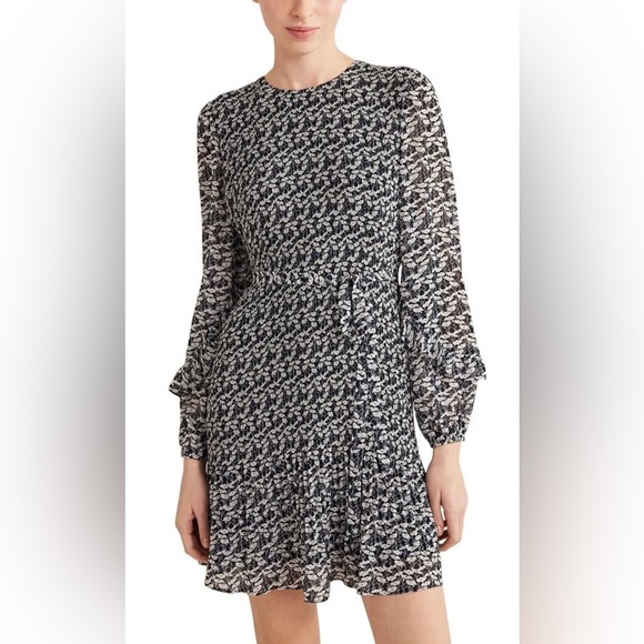 Boden Long Puff Sleeve Plisse’ Belted A-line Mini Dress French Navy Poppy Vine - Picture 9 of 12